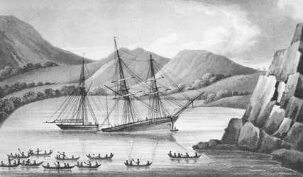 La brigantine Jane et le cutter Beaufoy passant à travers une chaîne d